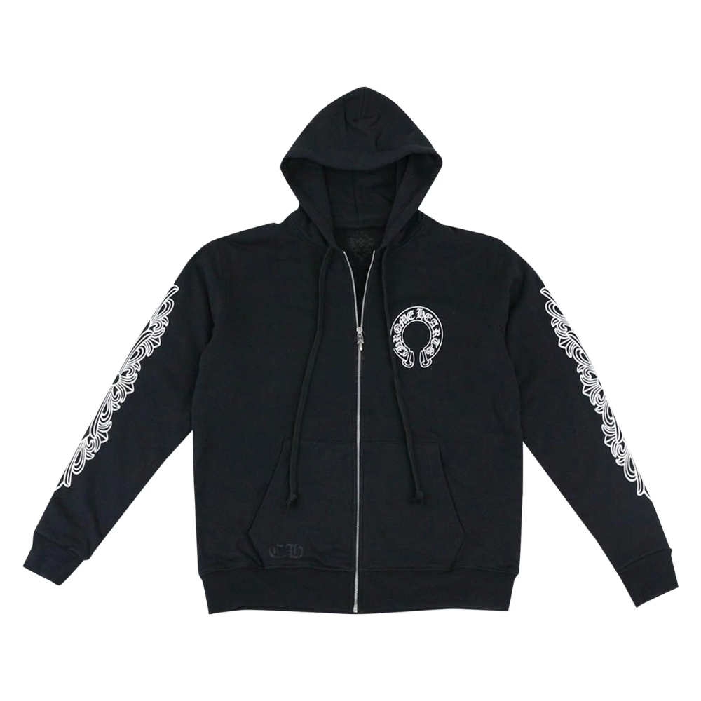 Chrome Hearts Horseshoe Floral Cross-Sleeve Zip Up Hoodie Black White
