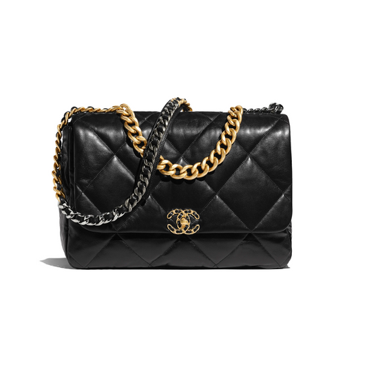 Chanel 19 Handbag Lambskin Gold-Tone Silver-Tone & Ruthenium-Finish Metal Black