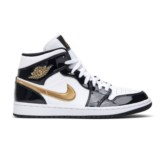 Jordan 1 Mid Patent Black White Gold